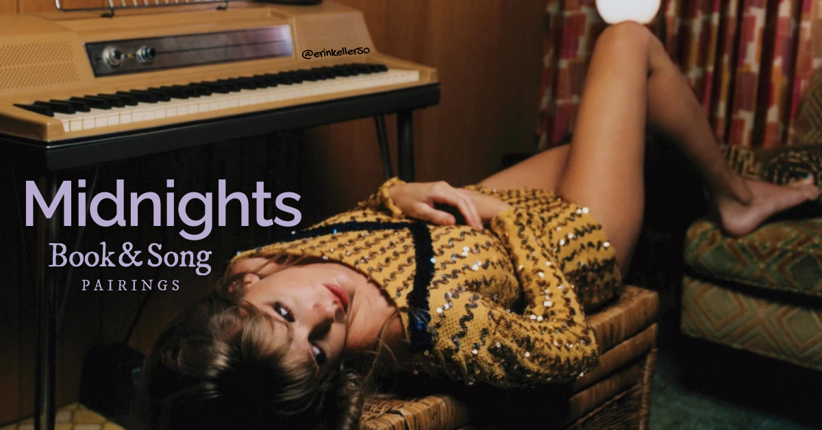 Moody promotional-style image of a woman reclining on a woven bench beside a vintage keyboard, overlaid with the text “Midnights: Book & Song Pairings.”