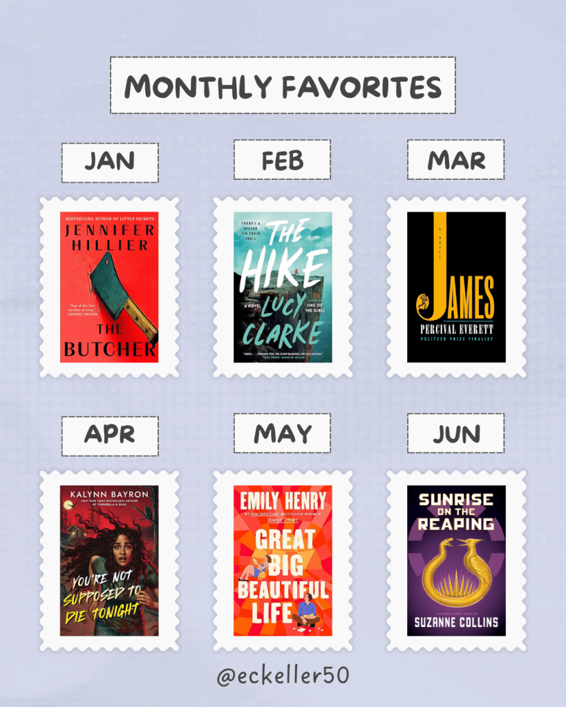 Book-themed page showing six monthly favorites with stamp-style frames, each month featuring a different book cover from January to June.