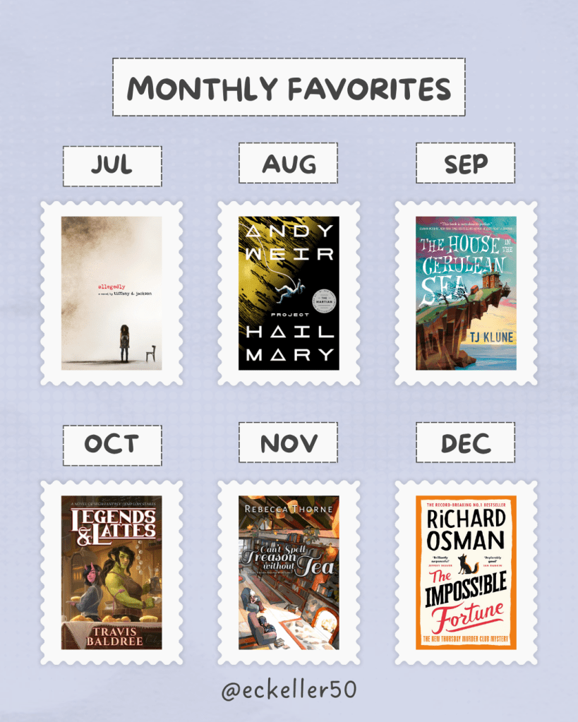 Book-themed page showing six monthly favorites with stamp-style frames, each month featuring a different book cover from July to December.