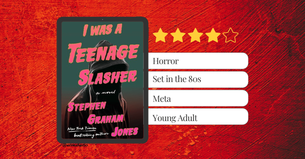 A dark-themed book cover reading “I Was a Teenage Slasher” shown against a red backdrop, paired with a four‑star rating and genre tags on the right side.