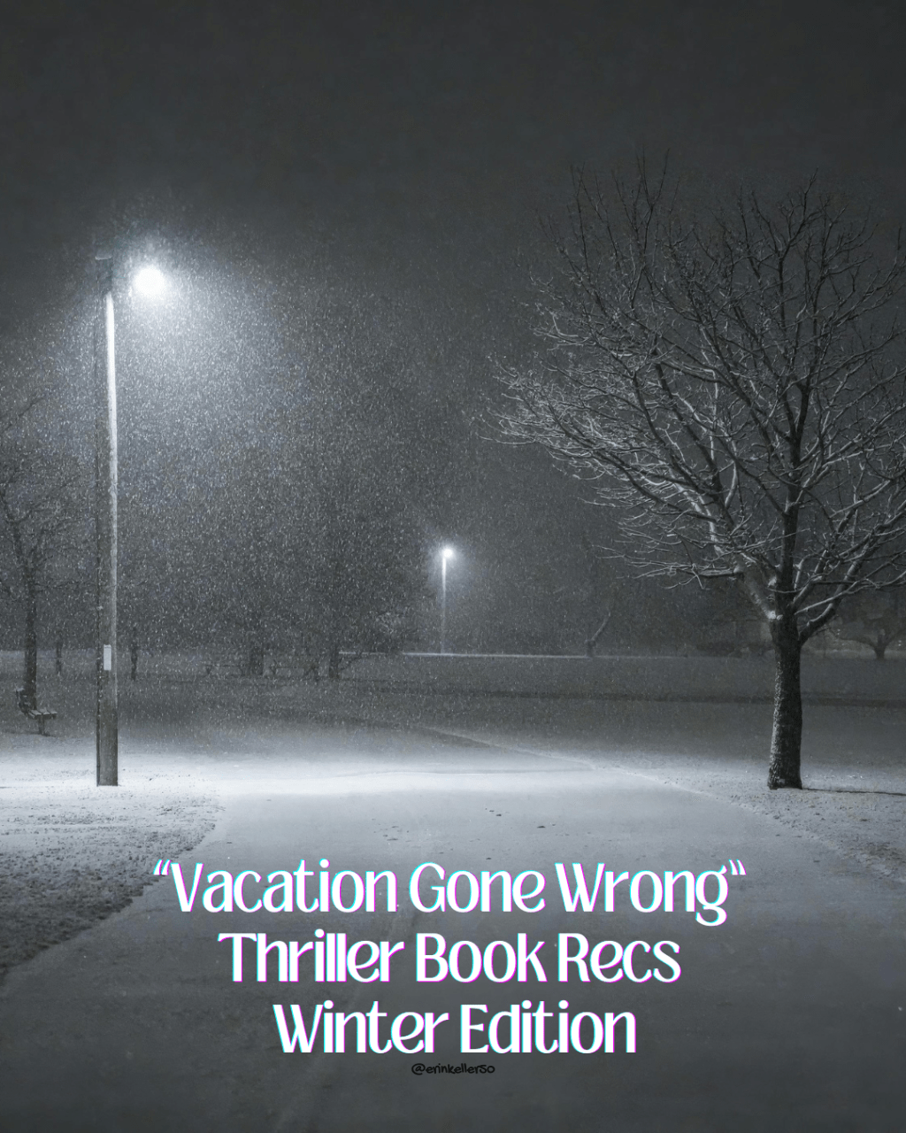 A cold, empty park at night during snowfall with the headline for winter